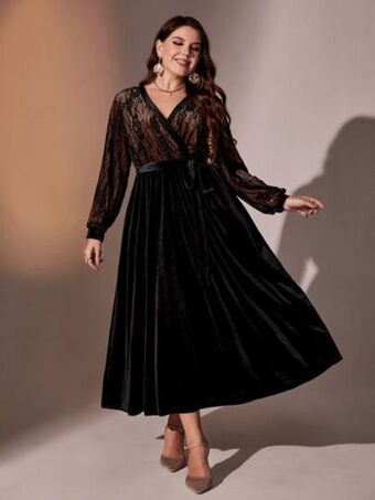SheIn Plus contrast lace lantern sleeve overlap collar belted velvet dress offer