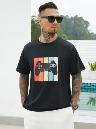 SheIn Extended sizes men color block gamepad print tee offer
