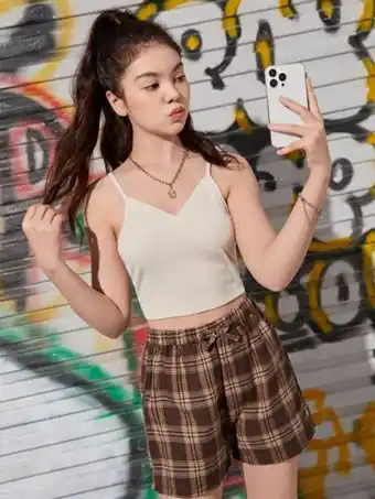 SheIn Teen girls ribbed knit cami top & plaid bow front shorts offer