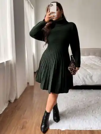 SheIn Plus solid turtleneck pleated hem sweater dress offer