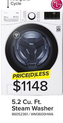 Leon's Lg white smart wi-fi enabled steam front load washer with ai direct drive technology (5.2 cu.ft) wm3600hwa offer