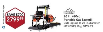 Princess Auto Bozeman 26 in. 420cc portable gas sawmill offer