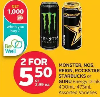 Rexall Monster, nos, reign, rockstar, starbucks or guru energy drinks offer