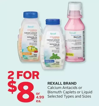 Rexall Rexall brand calcium antacids or bismuth caplets or liquid offer
