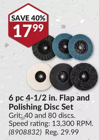 Princess Auto 6 pc 4-1/2 in. flap and polishing disc set offer