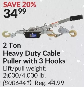 Princess Auto 2 ton heavy duty cable puller with 3 hooks offer