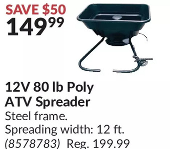 Princess Auto 12v 80 lb poly atv spreader offer