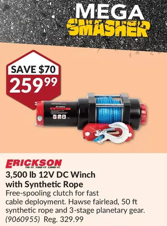 Princess Auto Erickson 3,500 lb 12v dc winch with synthetic rope offer