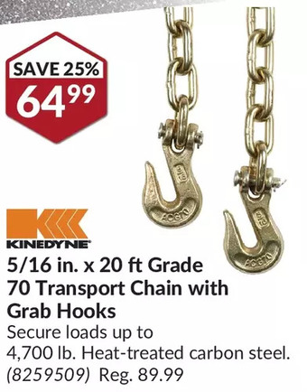 Princess Auto Kinedyne 5/16 in. x 20 ft grade 70 transport chain with grab hooks offer