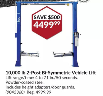 Princess Auto 10,000 lb 2-post bi-symmetric vehicle lift offer