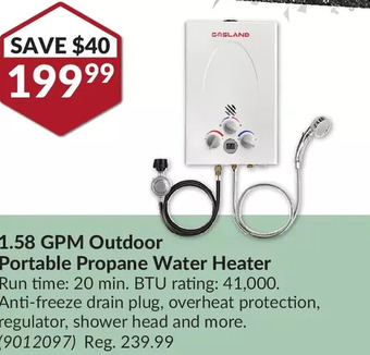 Princess Auto 1.58 gpm outdoor portable propane water heater offer