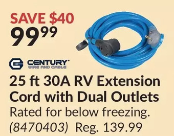 Princess Auto Century 25 ft 30a rv extension cord with dual outlets offer