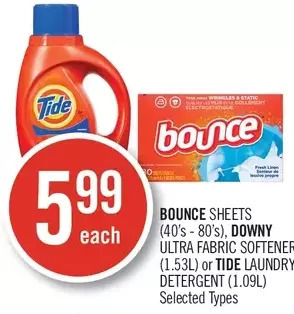 Shoppers Drug Mart Bounce sheets, downy ultra fabric softener or tide laundry detergent offer