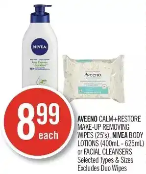 Shoppers Drug Mart Aveeno calm-restore make-up removing wipes, nivea body lotions or facial cleansers offer