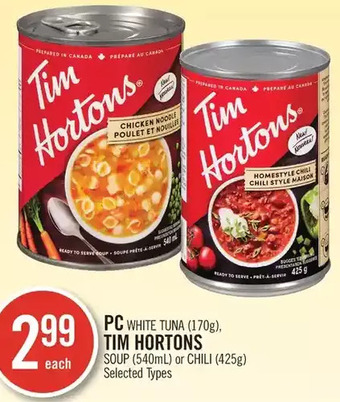 Shoppers Drug Mart Pc white tuna, tim hortons soup or chili offer