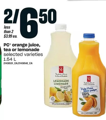 Loblaws Pc orange juice, tea or lemonade offer