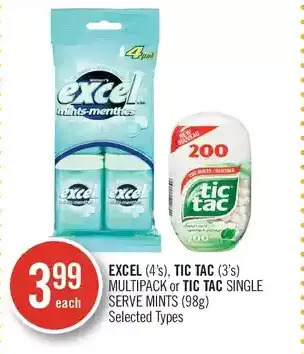 Shoppers Drug Mart Excel, tic tac multipack or tic tac single serve mints offer