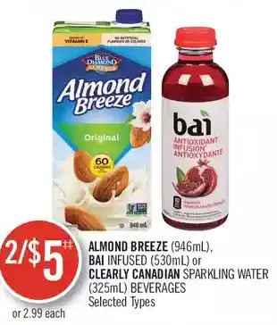 Shoppers Drug Mart Almond breeze, bai infused or clearly canadian sparkling water beverages offer