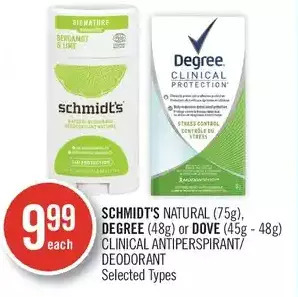 Shoppers Drug Mart Schmidt's natural, degree or dove clinical antiperspirant/deodorant offer
