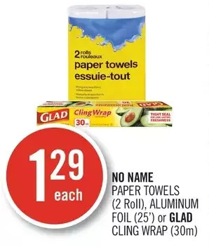 Shoppers Drug Mart No name paper towels, aluminum foil or glad cling wrap offer