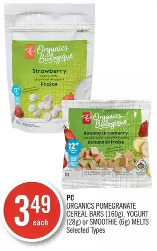 Shoppers Drug Mart Pc organics pomegrante cereal bars, yogurt or smoothie melts offer
