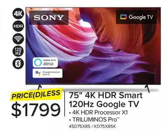 Leon's Sony 75" 4k hdr smart 120hz google tv offer