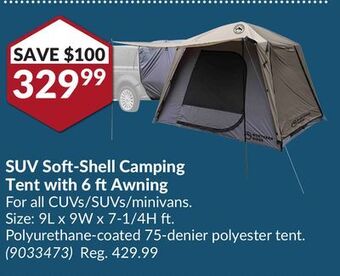 Princess Auto Suv soft-shell camping tent with 6 ft awning offer