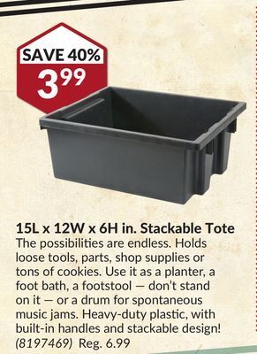 Princess Auto 15l x 12w x 6h in. stackable tote offer