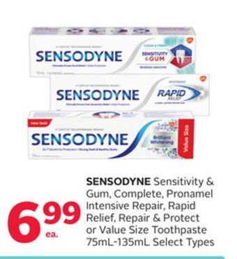 Rexall Sensodyne sensitivity & gum, complete, pronamel intensive repair, rapid relief, repair & protect or value size toothpaste offer