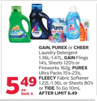 Rexall Gain, purex or cheer laundry detergent 1.36l-1.47l, gain flings 14' s, sheets 120' s or fireworks 162g, purex ultra packs 15' offer