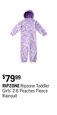 Sport Chek Ripzone toddler girls' 2-6 peaches fleece rainsuit offer