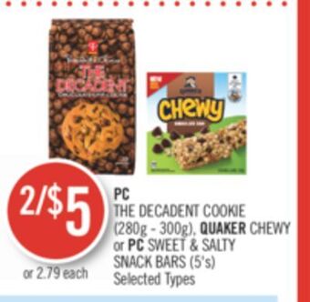 Shoppers Drug Mart Pc the decadent cookie (280g - 300g), quaker chewy or pc sweet & salty snack bars (5's) offer