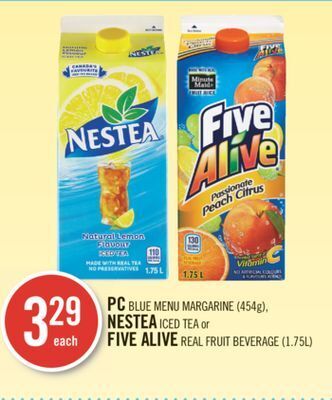 Shoppers Drug Mart Pc blue menu margarine (454g), nestea iced tea or five alive real fruit beverage (1.75l) offer
