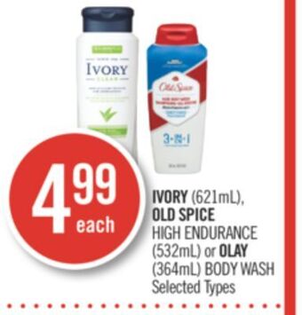 Shoppers Drug Mart Ivory (621ml), old spice high endurance (532ml) or olay (364ml) body wash offer