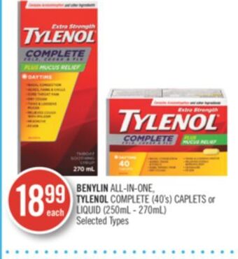 Shoppers Drug Mart Benylin all-in-one tylenol complete (40's) caplets or liquid (250ml - 270ml) offer