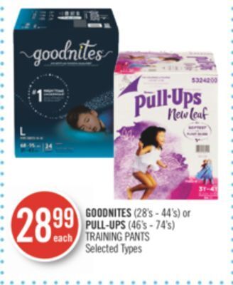 Shoppers Drug Mart Goodnites (28's - 44's) or pull-ups (46's - 74's) training pants offer