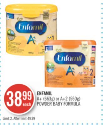 Shoppers Drug Mart Enfamil a+ (663g) or a+2 (550g) powder baby formula offer