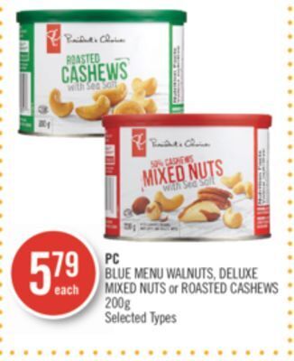 Shoppers Drug Mart Pc blue menu walnuts, deluxe mixed nuts or roasted cashews offer