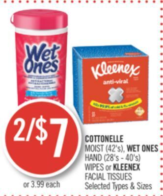 Shoppers Drug Mart Cottonelle moist (42's), wet ones hand (28's - 40's) wipes or kleenex facial tissues offer