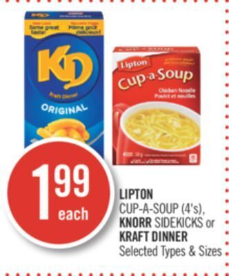 Shoppers Drug Mart Lipton cup-a-soup (4's), knorr sidekicks or kraft dinner offer