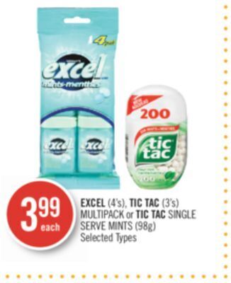 Shoppers Drug Mart Excel (4's), tic tac (3's) multipack or tic tac single serve mints (98g) offer