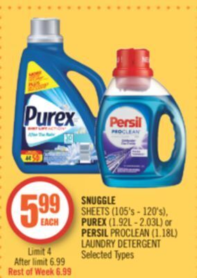 Shoppers Drug Mart Snuggle sheets (105's - 120's), purex (1.92l - 2.03l) or persil proclean (1.18l) laundry detergent offer