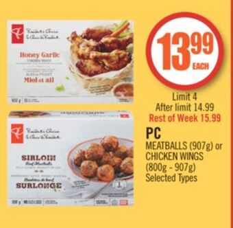 Shoppers Drug Mart Pc meatballs (907g) or chicken wings (800g - 907g) offer