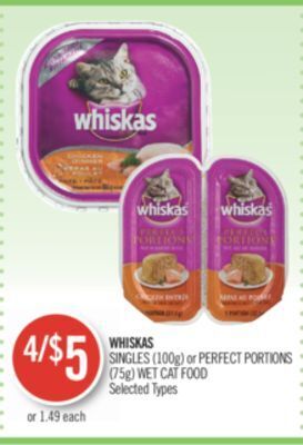 Shoppers Drug Mart Whiskas singles (100g) or perfect portions (75g) wet cat food offer