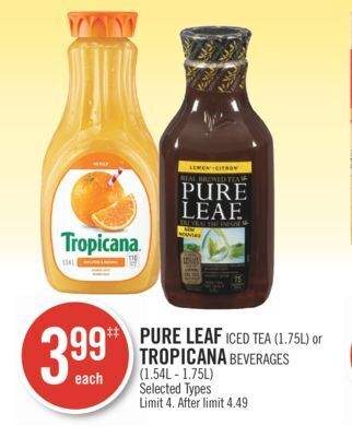 Shoppers Drug Mart Pure leaf iced tea (1.75l) or tropicana beverages (1.54l - 1.75l) offer