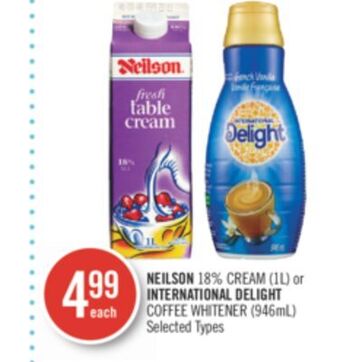Shoppers Drug Mart Neilson 18% cream (1l) or international delight coffee whitener (946ml) offer