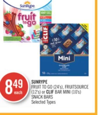Shoppers Drug Mart Sunrype fruit to go (24's), fruitsource (12's) or clif bar mini (10's) snack bars offer