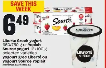 Independent City Market Yogourt grec liberté, 650/750 g ou yogourt source yoplait, 16x100 g offer