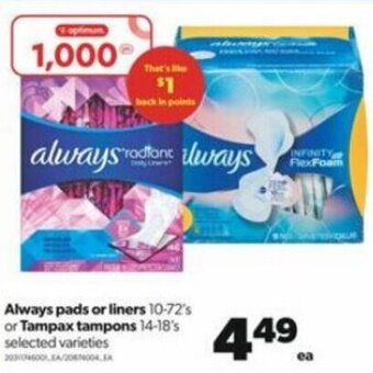 Real Canadian Superstore Always Pads or Liners 10-72's or Tampax Tampons 14-18's offer