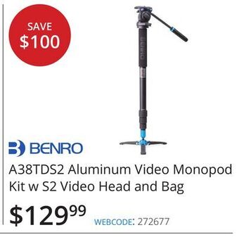 Vistek Benro a38tds2 aluminum video monopod kit w s2 video head and bag offer